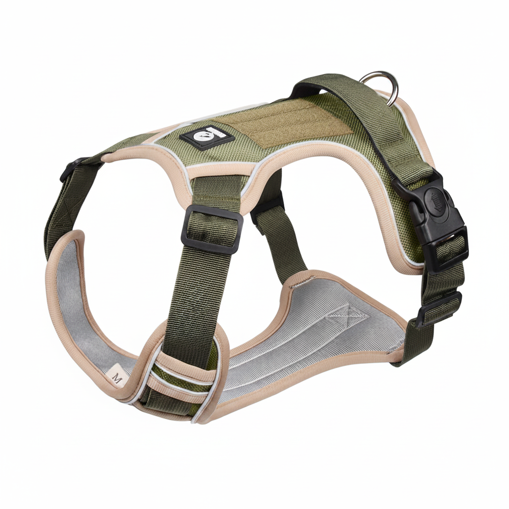 Tactical dog harness for dogs, featuring military green no-pull design with  patch panel and reflective strips, ideal for training and outdoor adventures