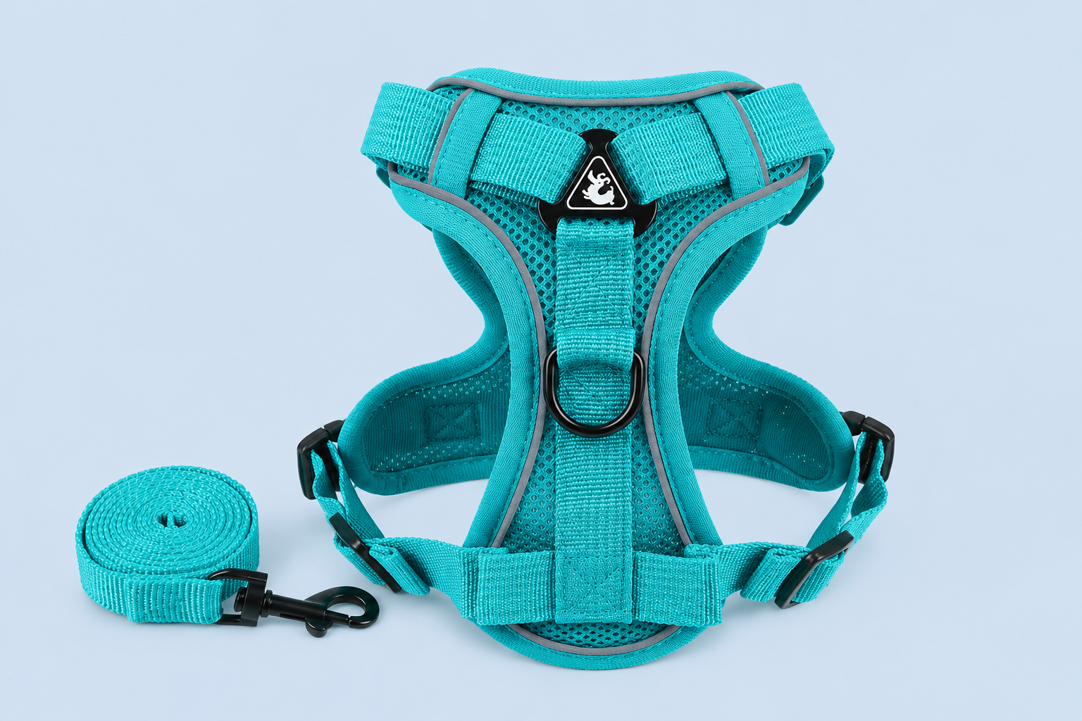 Reflective harness and leash set for small dogs and cats, featuring breathable 3D mesh in multiple color options with D-ring and quick-release buckle, ideal for lightweight everyday walks