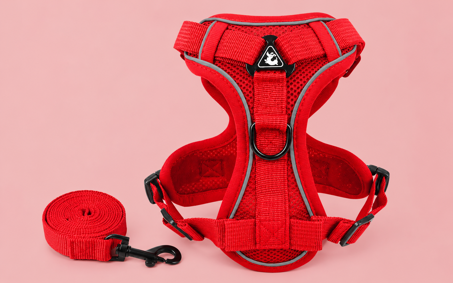 Reflective harness and leash set for small dogs and cats, featuring red breathable mesh with D-ring and matching leash, ideal for female pets and stylish daily walks