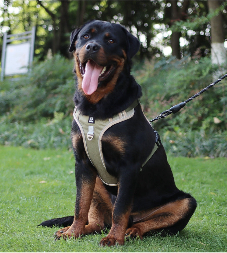 Tactical dog harness for large dogs, featuring military green adjustable fit and reflective strips, ideal for outdoor training and park walks