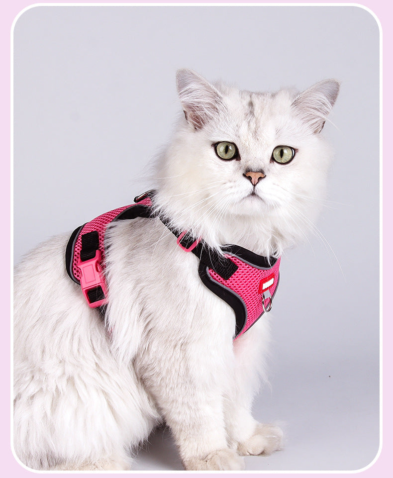 Pet harness and leash set for cats and small dogs, featuring hot pink and black reflective mesh with safety buckle, ideal for cats and escape-proof outdoor walks