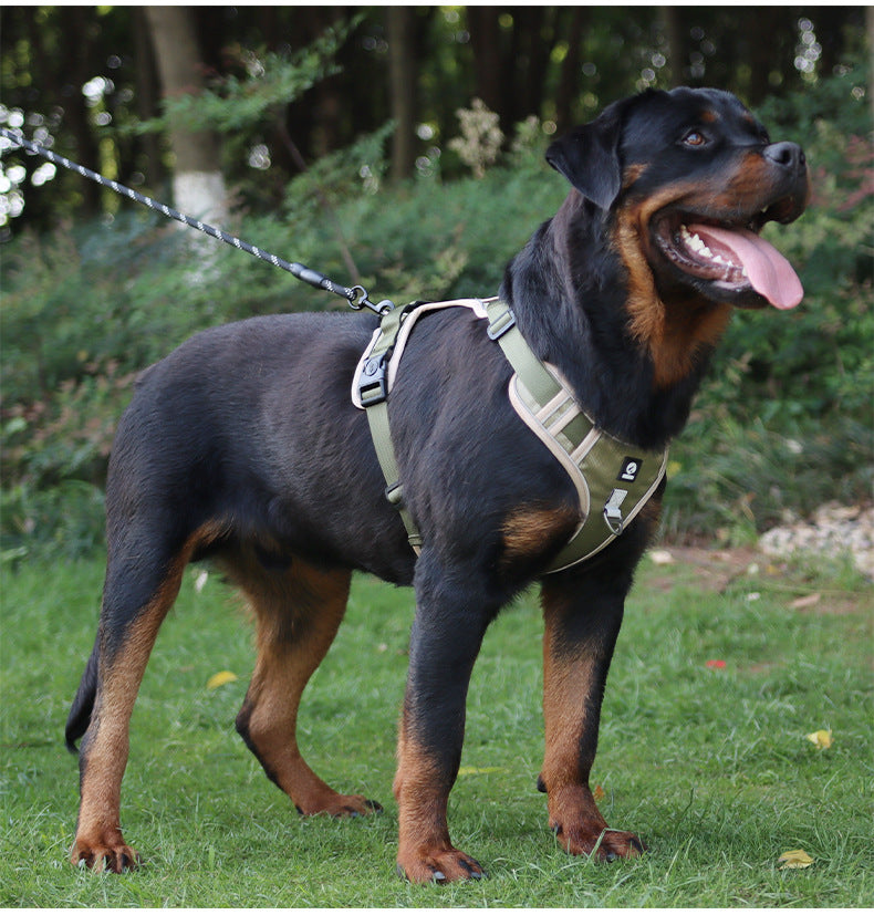 Tactical dog harness for large dogs, featuring padded soft handle and 4-point adjustable straps, ideal for control and comfortable extended wear