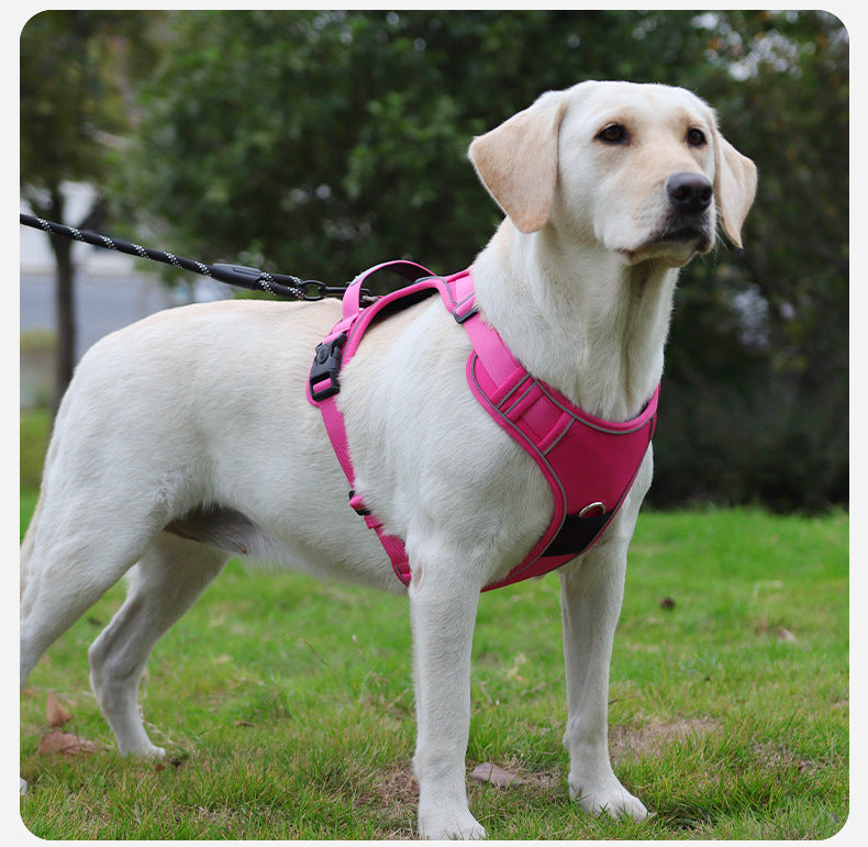 AirTag dog harness and leash combo set for large dogs, featuring hot pink adjustable harness with reflective strips and escape-proof buckle, ideal for large dogs on outdoor walks