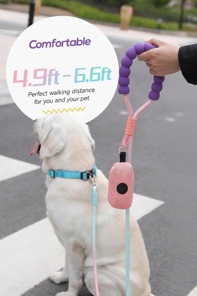 Dog leash for dogs, featuring adjustable length and soft foam handle with poop bag dispenser, ideal for comfortable walking distance control on city streets