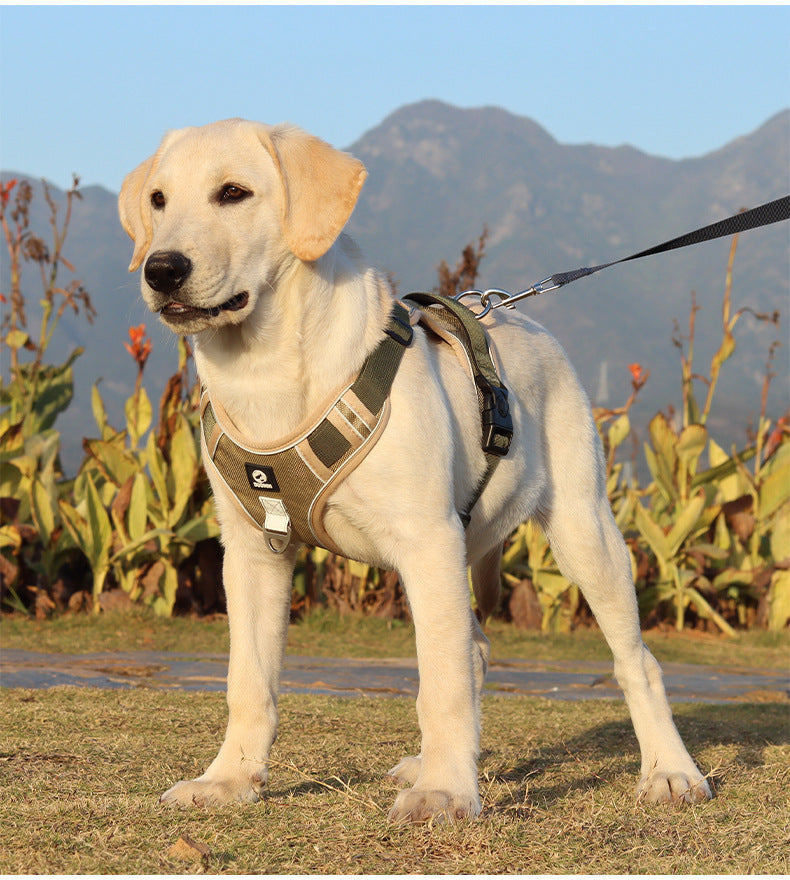Tactical dog harness for large dogs, featuring military green adjustable fit and reflective strips, ideal for outdoor training and park walks
