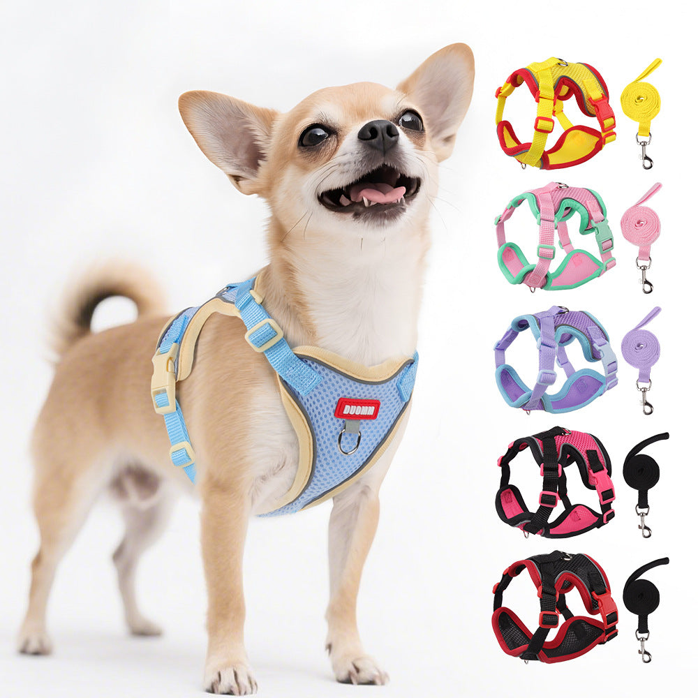 Pet harness and leash set for cats and small dogs, featuring breathable mesh fabric in multiple color options with reflective strips, ideal for small breeds and comfortable daily walks