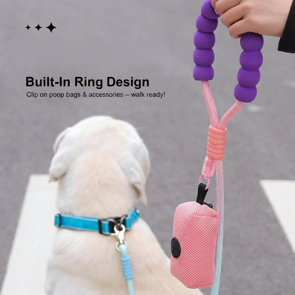 Dog leash for dogs, featuring clip-on poop bag dispenser and tangle-free gradient rope, ideal for hygienic and effortless outdoor walks
