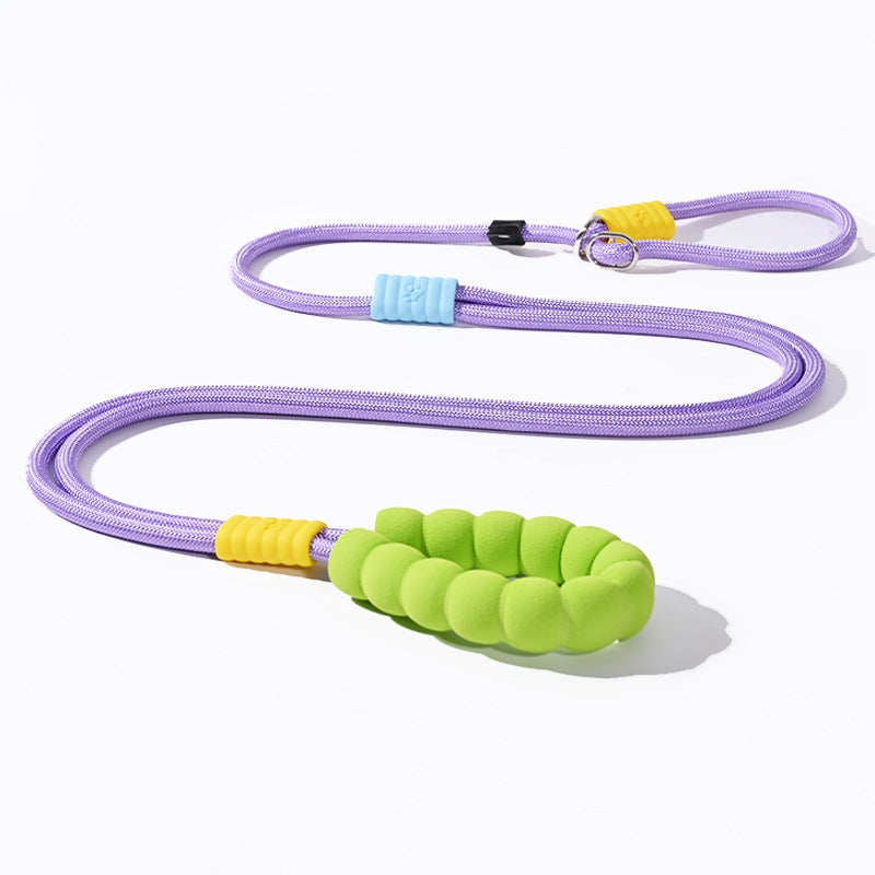 Hands-free dog leash for dogs, featuring purple rope with foam handle, blue silicone stopper and metal clip, ideal for walking, running and training with one leash