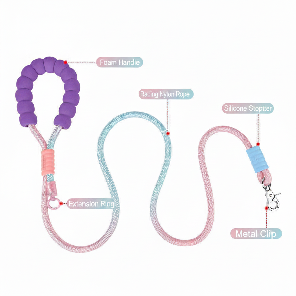 Dog leash for dogs, featuring foam handle, racing nylon rope, extension ring, silicone stopper and metal clip — labeled parts diagram, ideal for understanding leash construction and tangle-free design