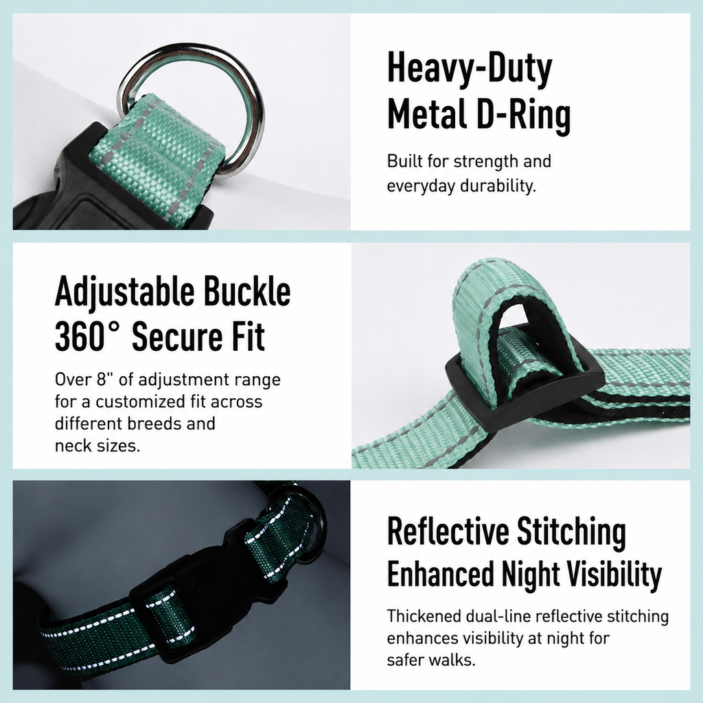 AirTag dog collar for dogs, featuring multiple color options with heavy duty metal D ring and reflective strips, ideal for stylish and trackable pet wear
