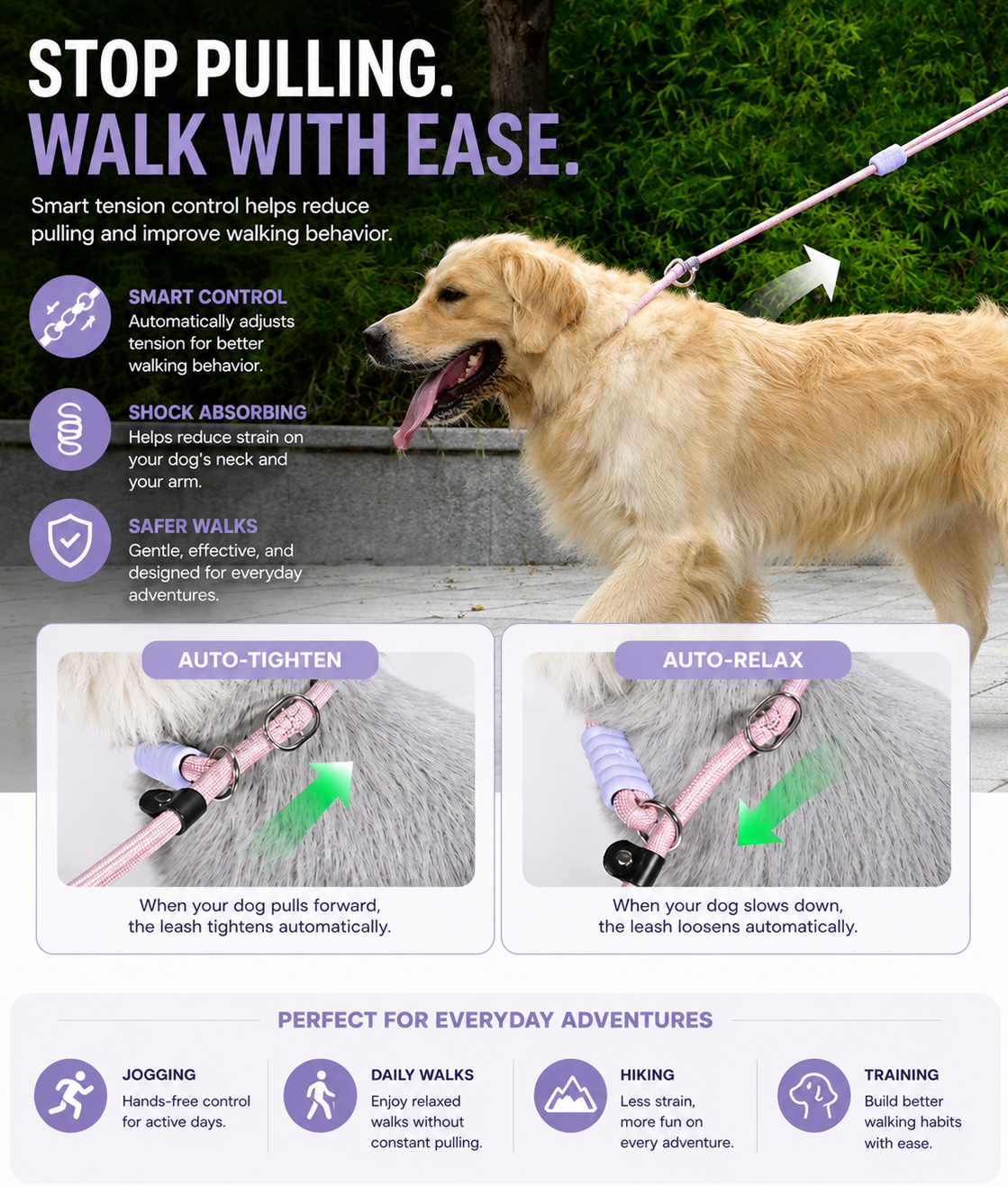 Hands-free dog leash for dogs, featuring smart tension control, shock-absorbing rope and safe walk design, ideal for jogging, daily walks, hiking and training