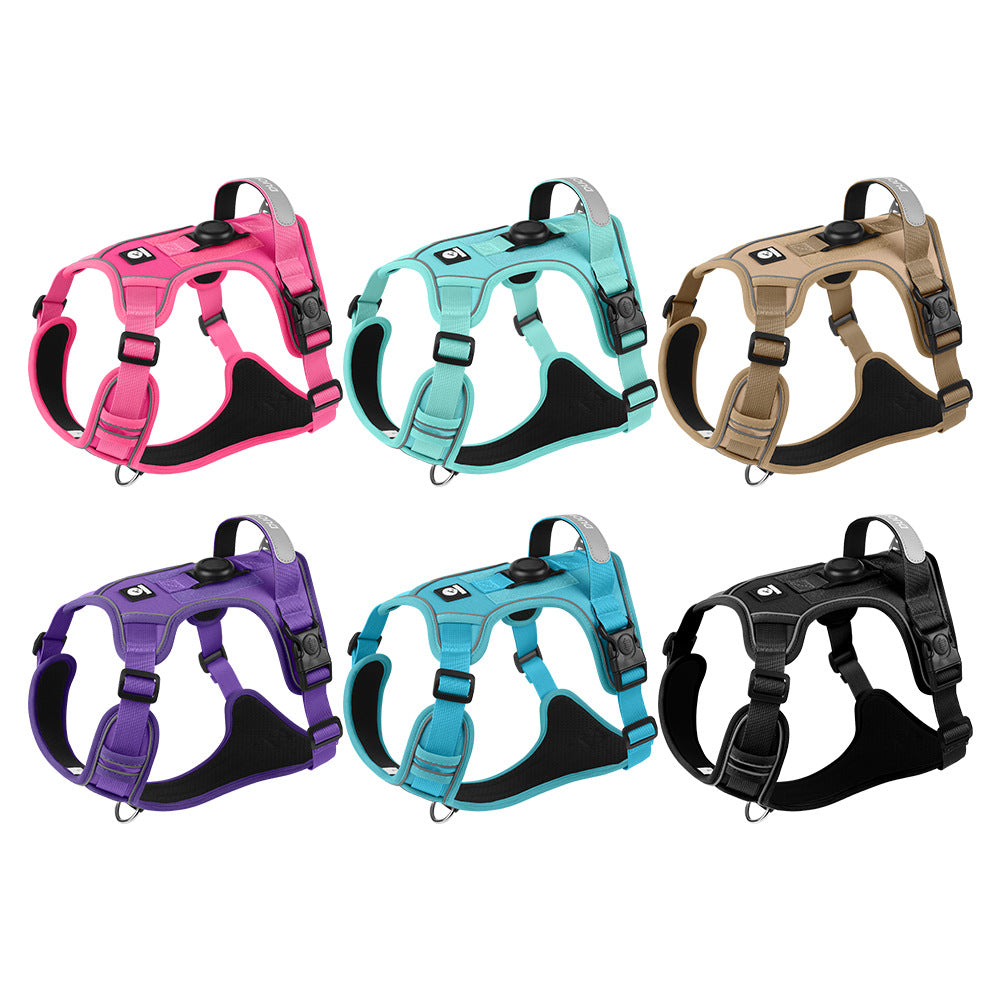 AirTag dog harness, featuring six color options with escape-resistant buckle and AirTag holder, ideal for matching any dog's style