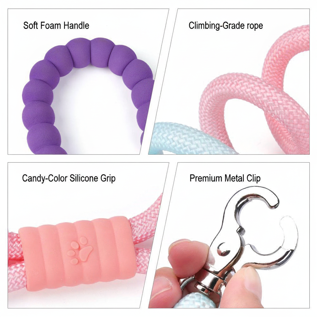 Dog leash for dogs, featuring soft foam handle, climbing-grade rope, candy-color silicone grip and premium metal clip, ideal for durable and comfortable everyday use