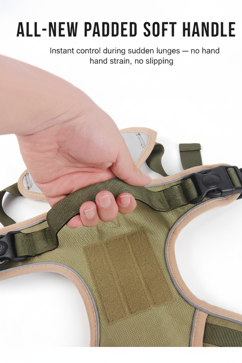 Tactical dog harness for dogs, featuring adjustable chest and belly straps with padded neoprene lining, ideal for no-pull control and all-day comfort