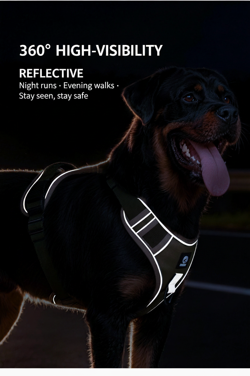 Tactical dog harness for dogs, featuring heavy-duty 1-inch quick-release buckle and 360° high-visibility reflective strips, ideal for secure fit and nighttime safety