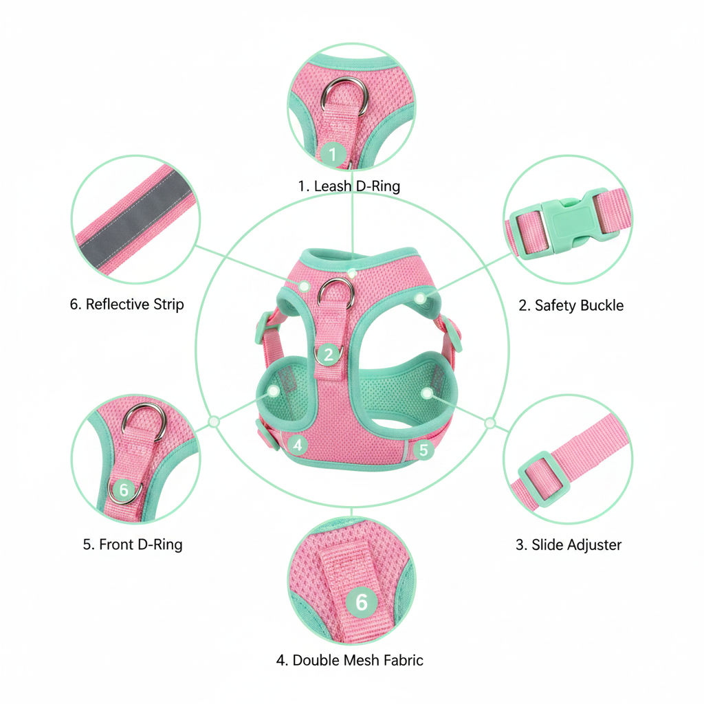 Pet harness and leash set for cats and small dogs, featuring labeled leash D-ring, safety buckle, slide adjuster, double mesh fabric, front D-ring and reflective strip, ideal for understanding harness construction and safe walks