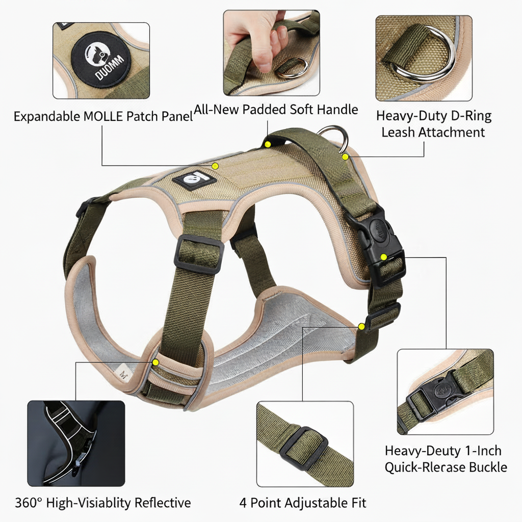 Tactical dog harness for dogs, featuring expandable MOLLE patch panel, padded soft handle, heavy-duty D-ring, 360° reflective strips, 4-point adjustable fit and quick-release buckle, ideal for working dogs and training