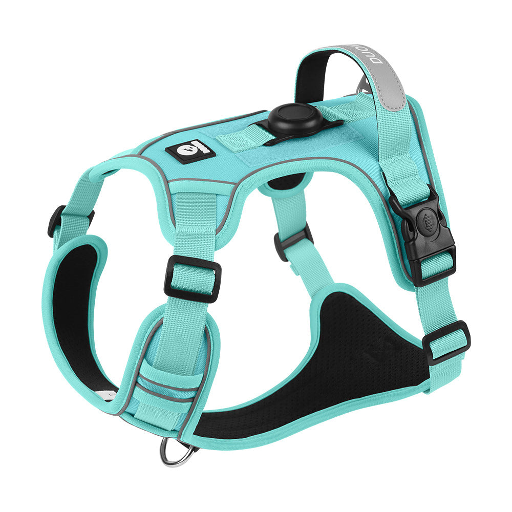 Green  dog harness with a built-in AirTag holder and reflective strips for outdoor walks
