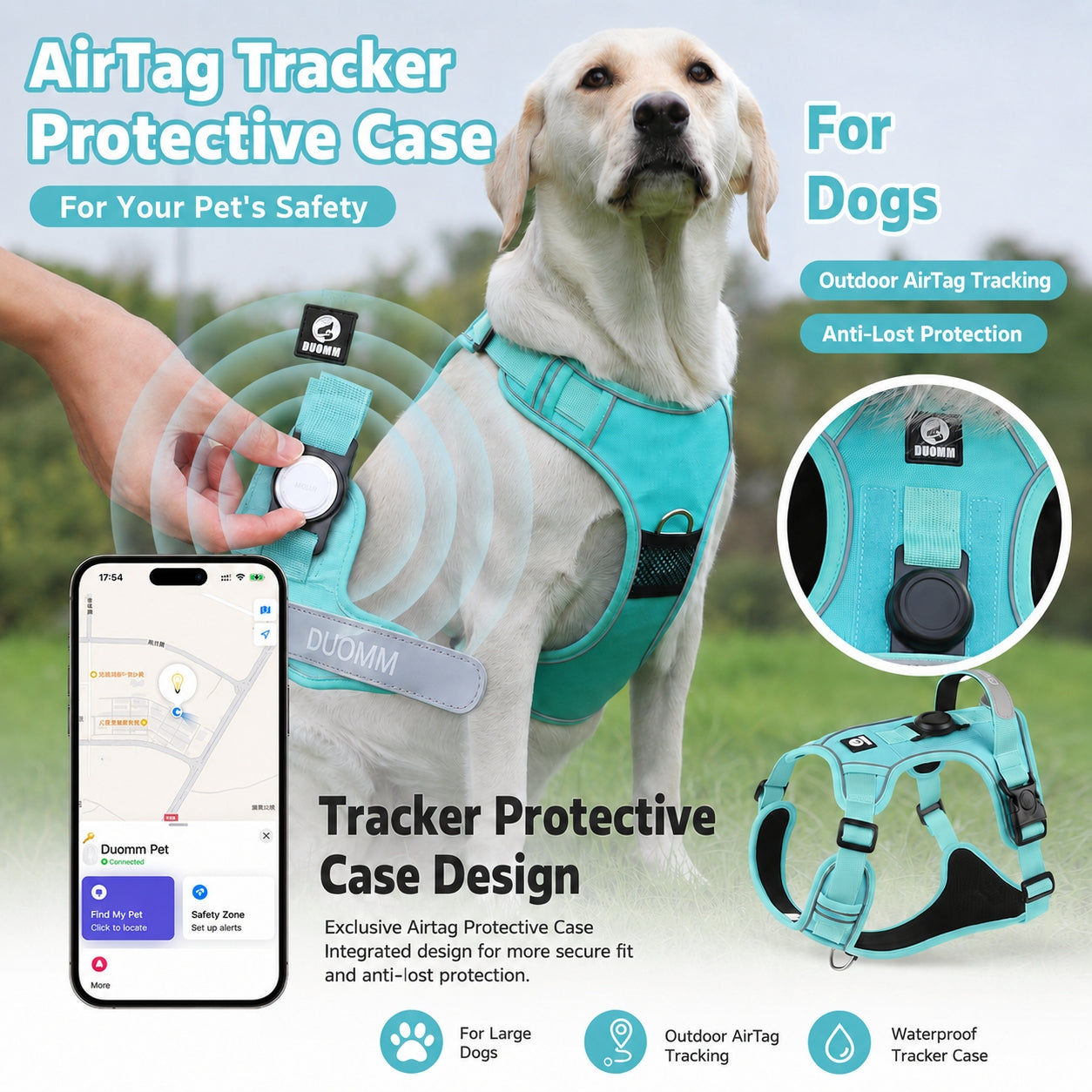 AirTag dog harness , featuring labeled AirTag slot, padded handle, front and back D-rings, reflective strips, escape-resistant  buckle and 4-point adjustable fit, ideal for understanding harness construction