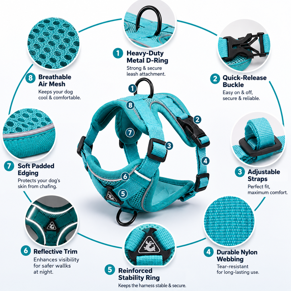 Reflective harness and leash set for small dogs and cats, featuring labeled quick-release buckle, D-ring, reflective strips, 3D mesh fabric and elastic chest design, ideal for understanding harness construction