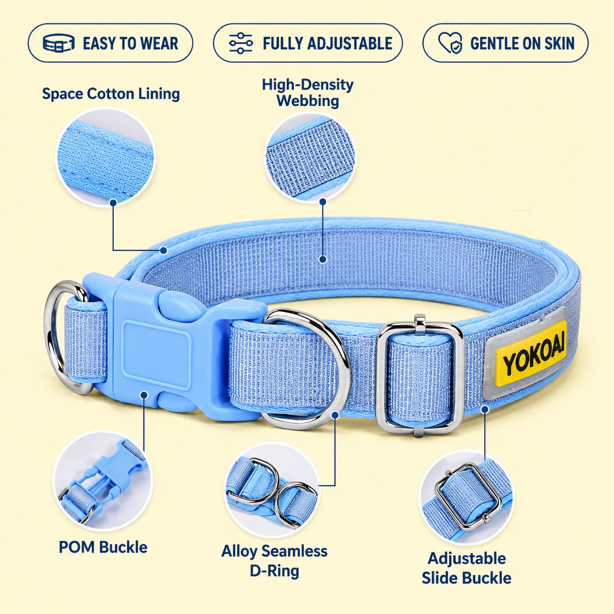 Dog collar for dogs, featuring space cotton lining, POM buckle and alloy seamless D-ring, ideal for easy wear and gentle skin contact