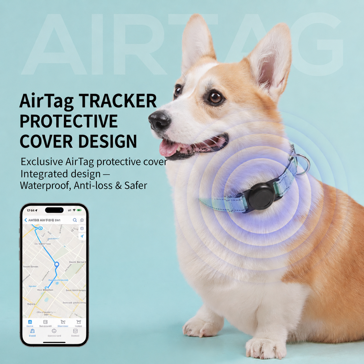 AirTag dog collar for dogs, featuring labeled built-in AirTag slot and reflective stitching, ideal for pets AirTag tracking and safe outdoor walks