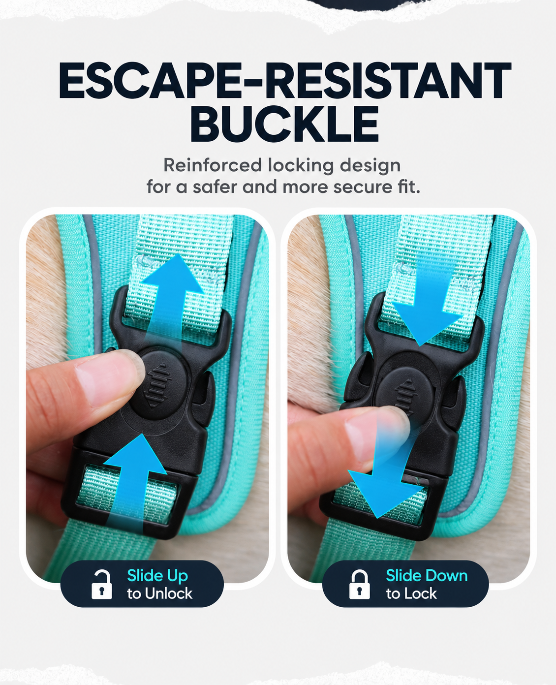 AirTag dog harness , featuring double-locking escape-resistant buckle with safety button, ideal for preventing accidental release during walks and training