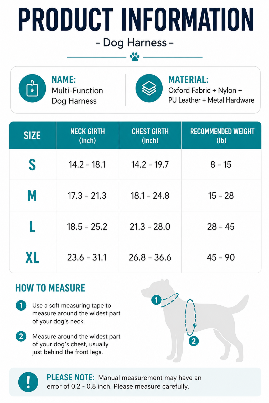 AirTag dog harness, featuring size guide from S to XL with chest girth measurements, ideal for finding the right fit for different dog breeds