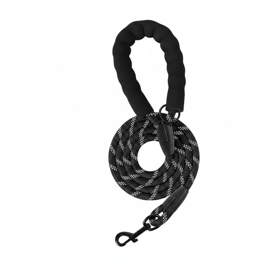 Dog leash for dogs, featuring black reflective nylon rope and padded foam handle, ideal for nighttime walks and heavy-duty use