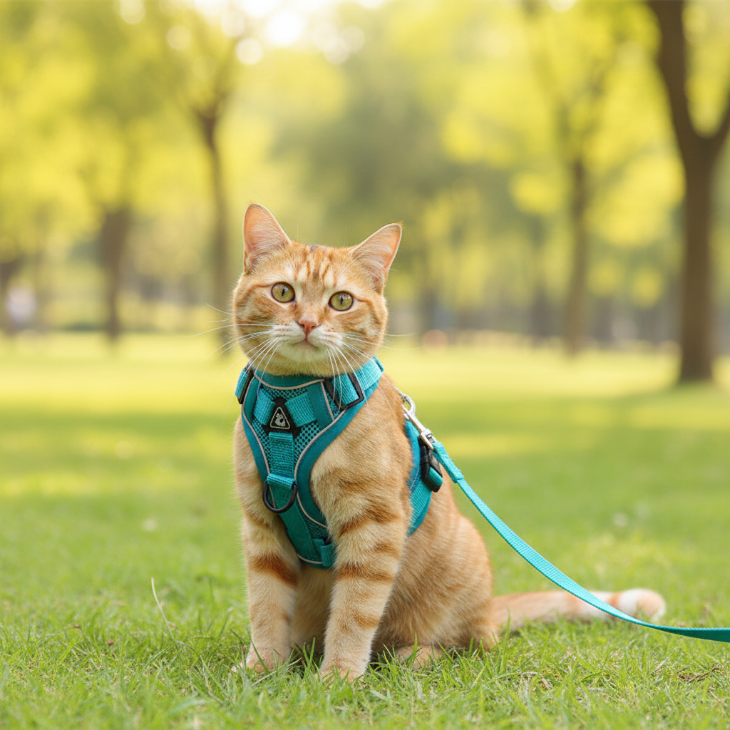 Reflective harness and leash set for cats, featuring teal blue breathable mesh with front D-ring and matching leash, ideal for cats and escape-proof outdoor walks