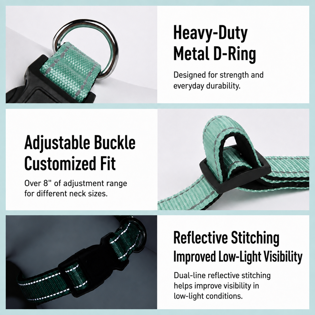 dog collar with heavy duty metal D ring and reflective strips, improved low_light visibility.