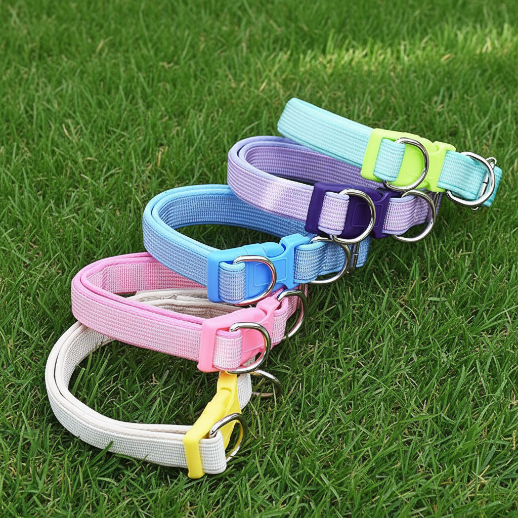 Dog collar for dogs, featuring colorful lightweight design and soft nylon material, ideal for outdoor walks and active play