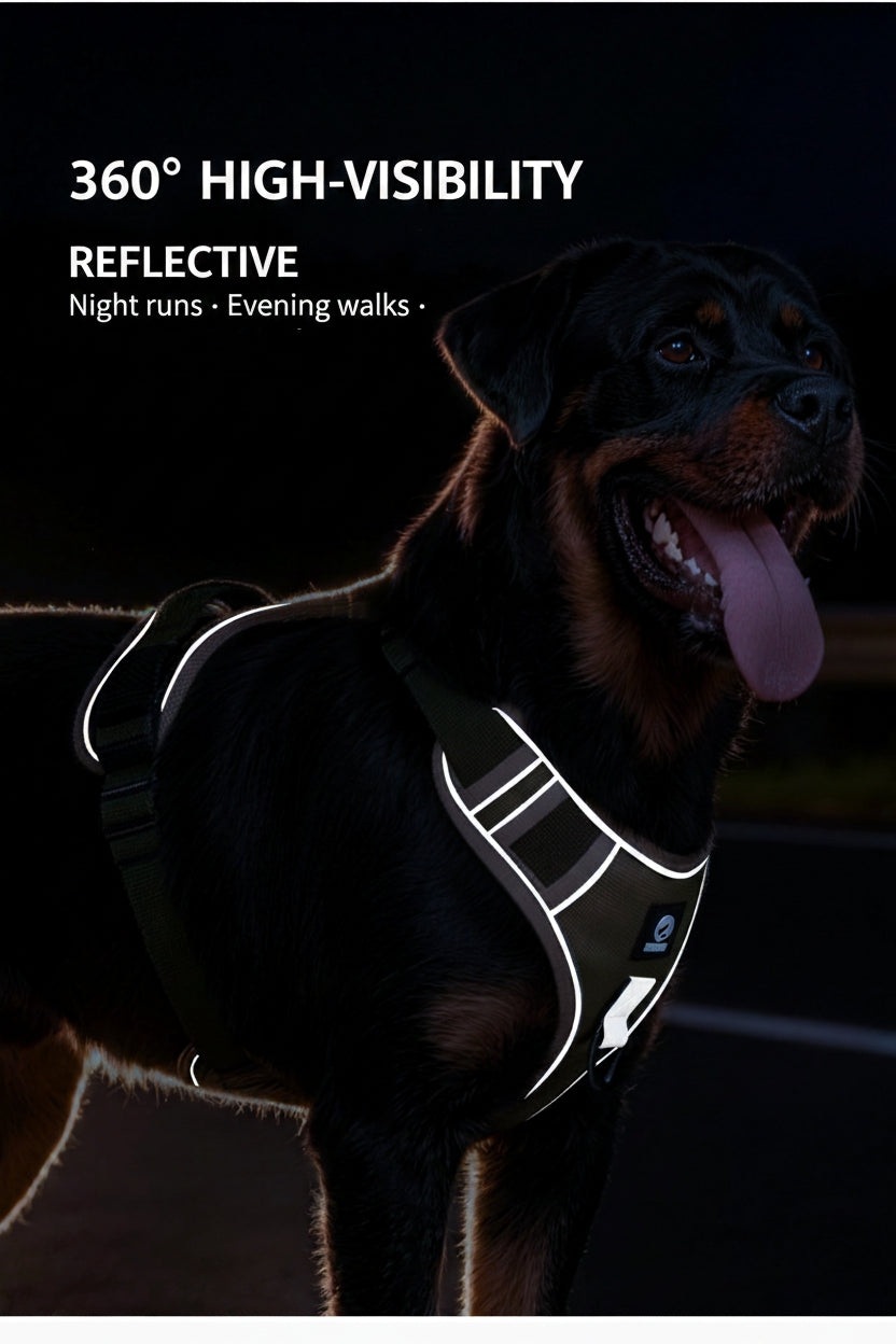 Tactical dog harness for dogs, featuring  high-visibility reflective strips, help improve visibility during evening walks and low-light conditions.