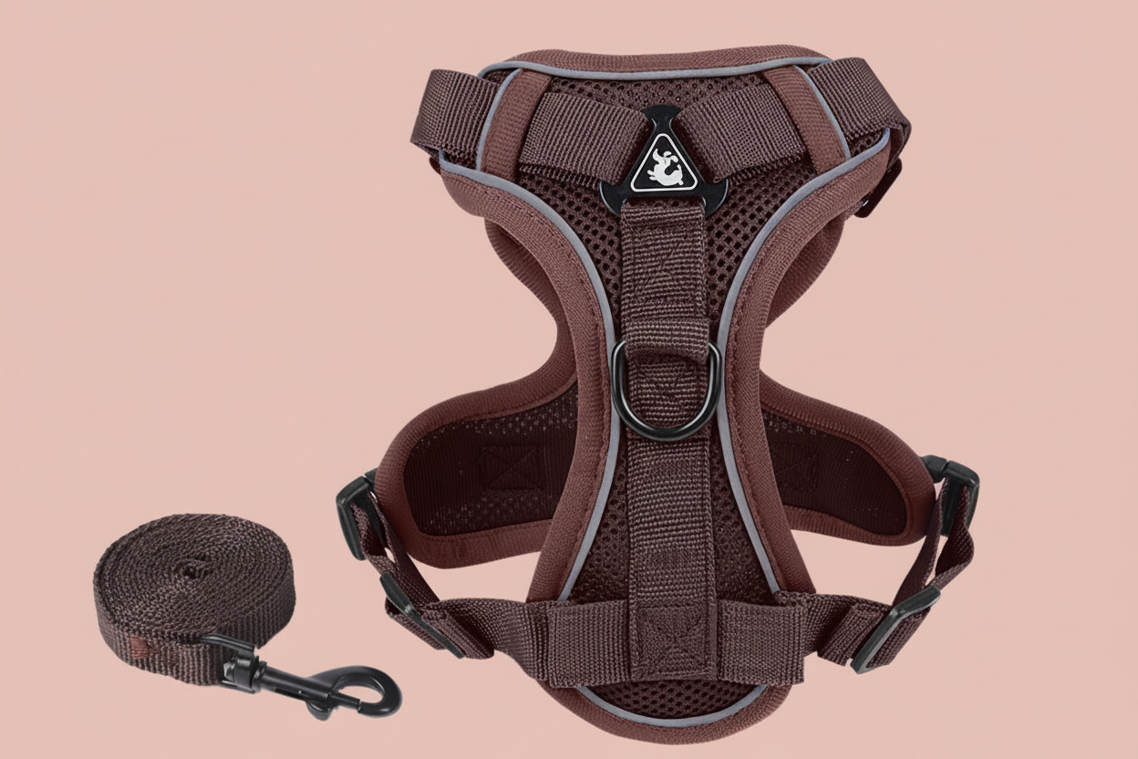 Reflective harness and leash set for small dogs and cats, featuring coffee brown breathable mesh with D-ring and matching leash, ideal for stylish and comfortable everyday outdoor walks
