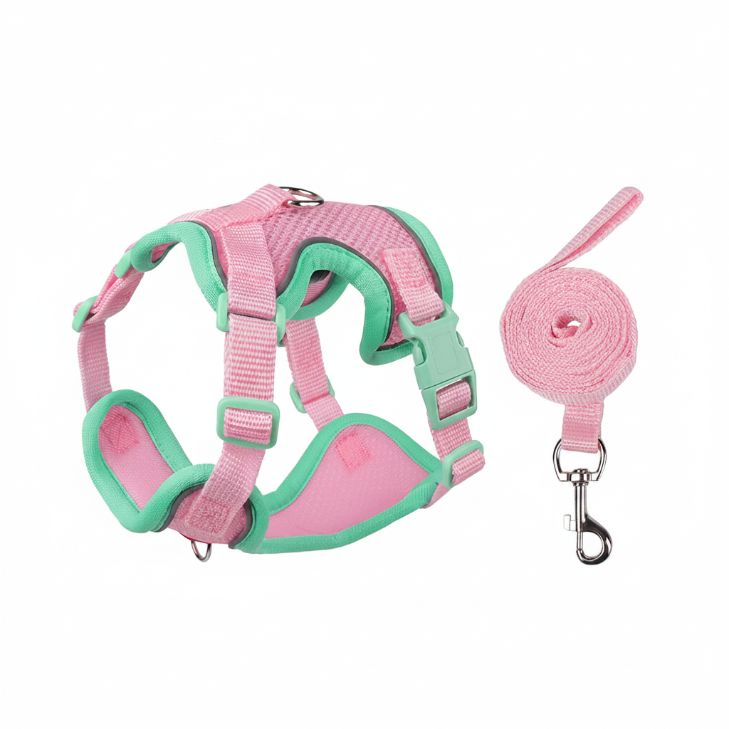 Pet harness and leash set for cats and small dogs, featuring pink and mint green reflective mesh with matching leash and safety buckle, ideal for female pets and daily walks