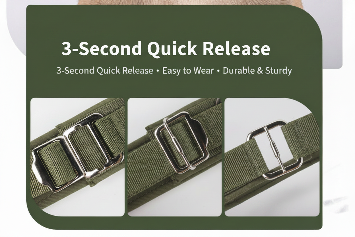 3-Second Quick Release zinc alloy buckle on military green tactical dog collar