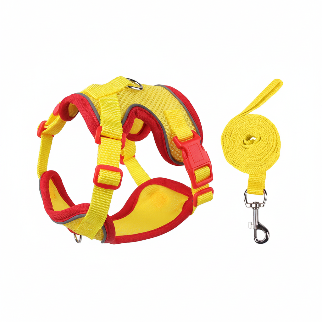 Pet harness and leash set for cats and small dogs, featuring yellow and red reflective mesh with matching leash and quick-release buckle, ideal for high-visibility outdoor walks