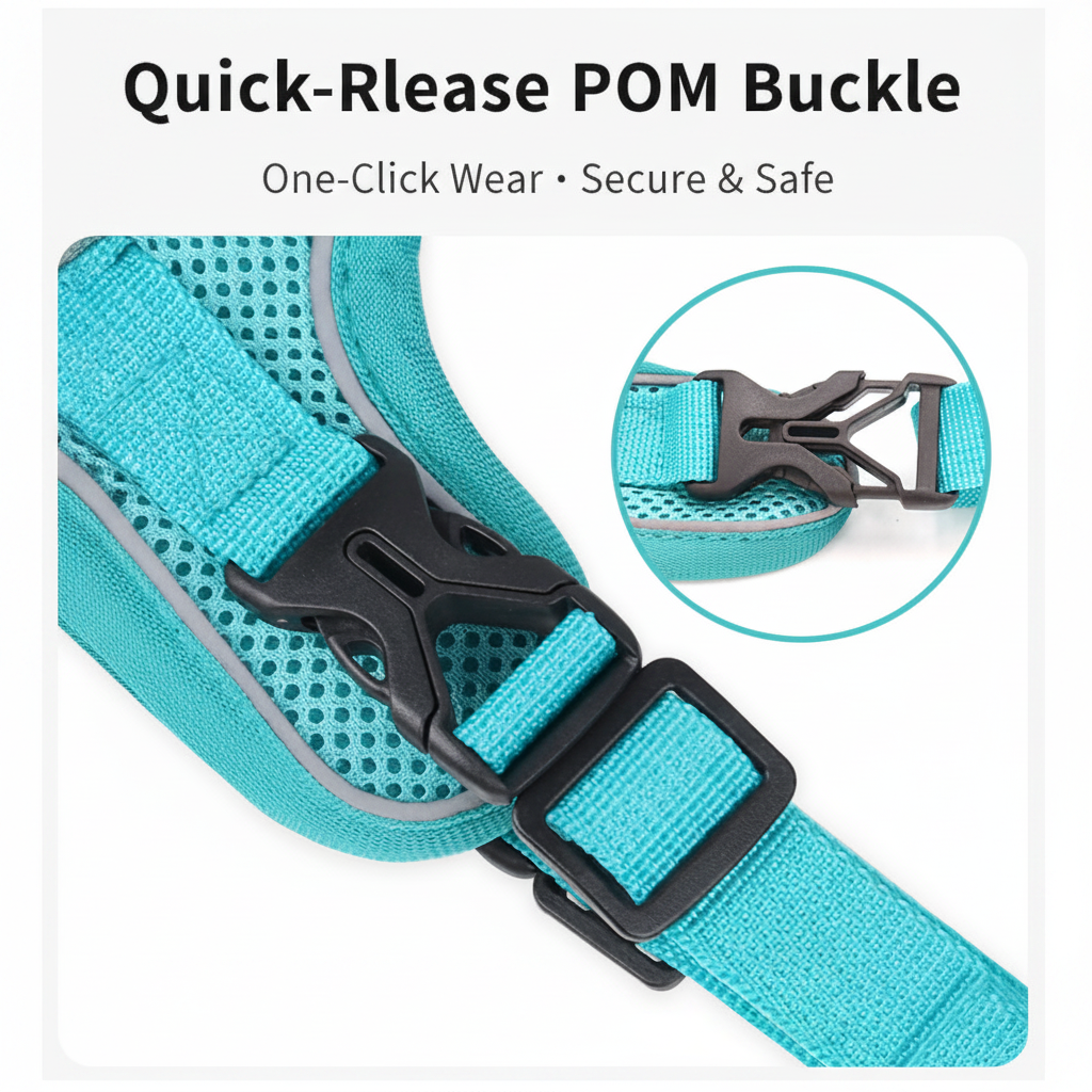 Reflective harness and leash set for small dogs and cats, featuring quick-release POM buckle with one-hand operation, ideal for easy on-off and secure fit during walks