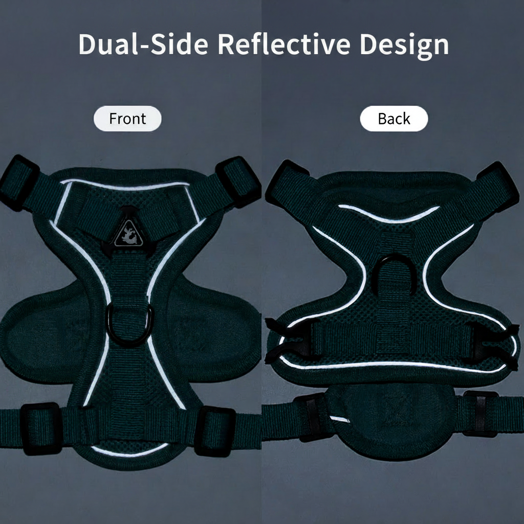 Reflective harness and leash set for small dogs and cats, featuring dual-side reflective strips on front and back panels, ideal for high-visibility nighttime and low-light walks