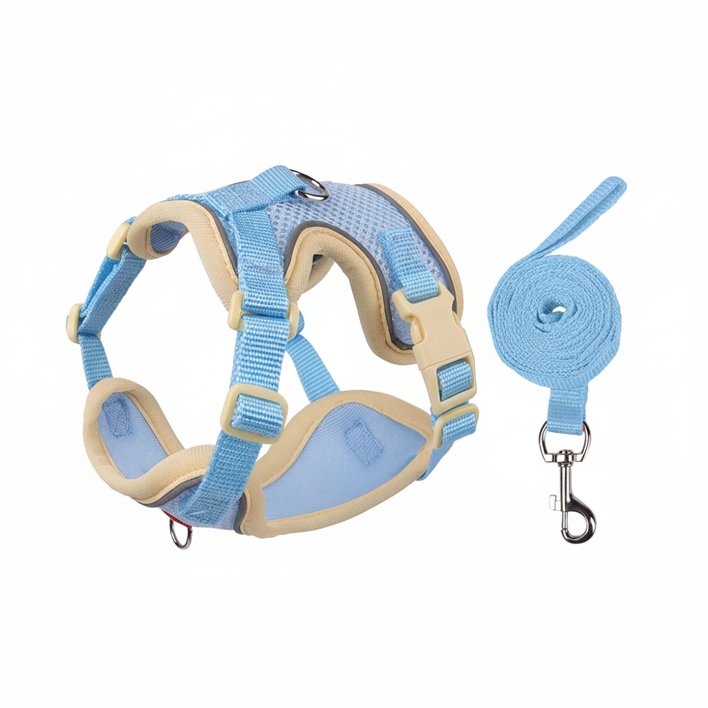 Pet harness and leash set for cats and small dogs, featuring light blue and beige reflective mesh with matching leash and D-ring, ideal for small breeds and comfortable everyday use
