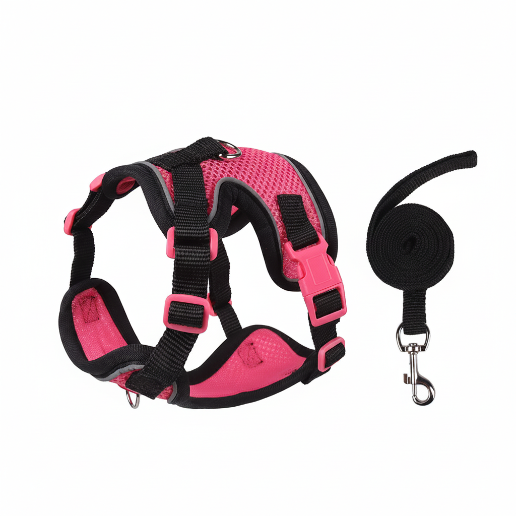 Pet harness and leash set for cats and small dogs, featuring hot pink and black reflective mesh with matching leash and safety buckle, ideal for active pets and daily outdoor use