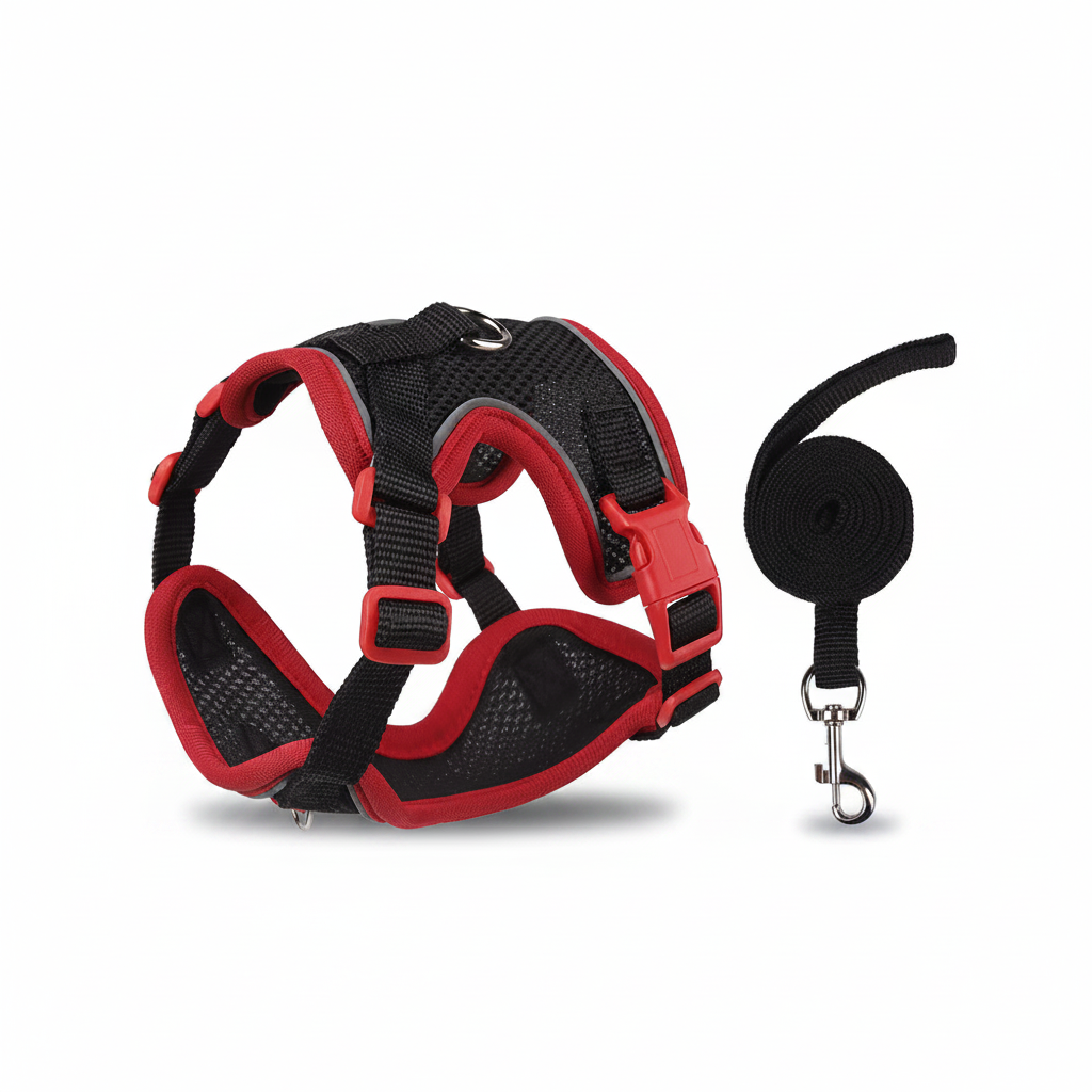 Pet harness and leash set for cats and small dogs, featuring black and red reflective mesh with matching leash and D-ring, ideal for strong small dogs and secure outdoor walks