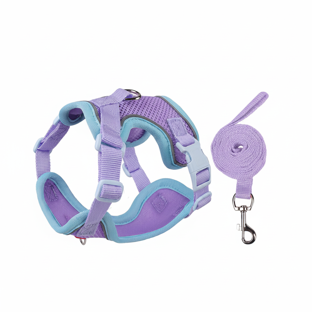Pet harness and leash set for cats and small dogs, featuring purple and light blue reflective mesh design with D-ring and safety buckle, ideal for everyday walks and outdoor adventures