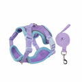 Pet harness and leash set for cats and small dogs, featuring purple and light blue reflective mesh design with D-ring and safety buckle, ideal for everyday walks and outdoor adventures