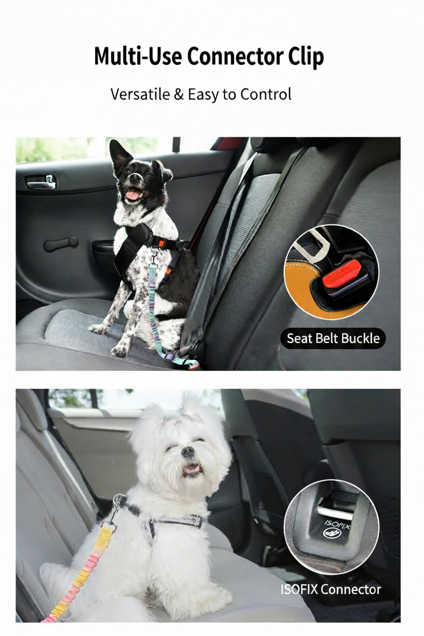 Car safety leash for dogs, featuring multi-use connector clip with labeled functions, ideal for versatile attachment to harness or collar