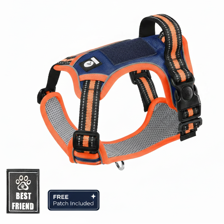 Tactical dog harness for dogs, featuring orange and navy reflective strips with MOLLE patch panel and free Best Friend patch, ideal for active dogs and high-visibility training