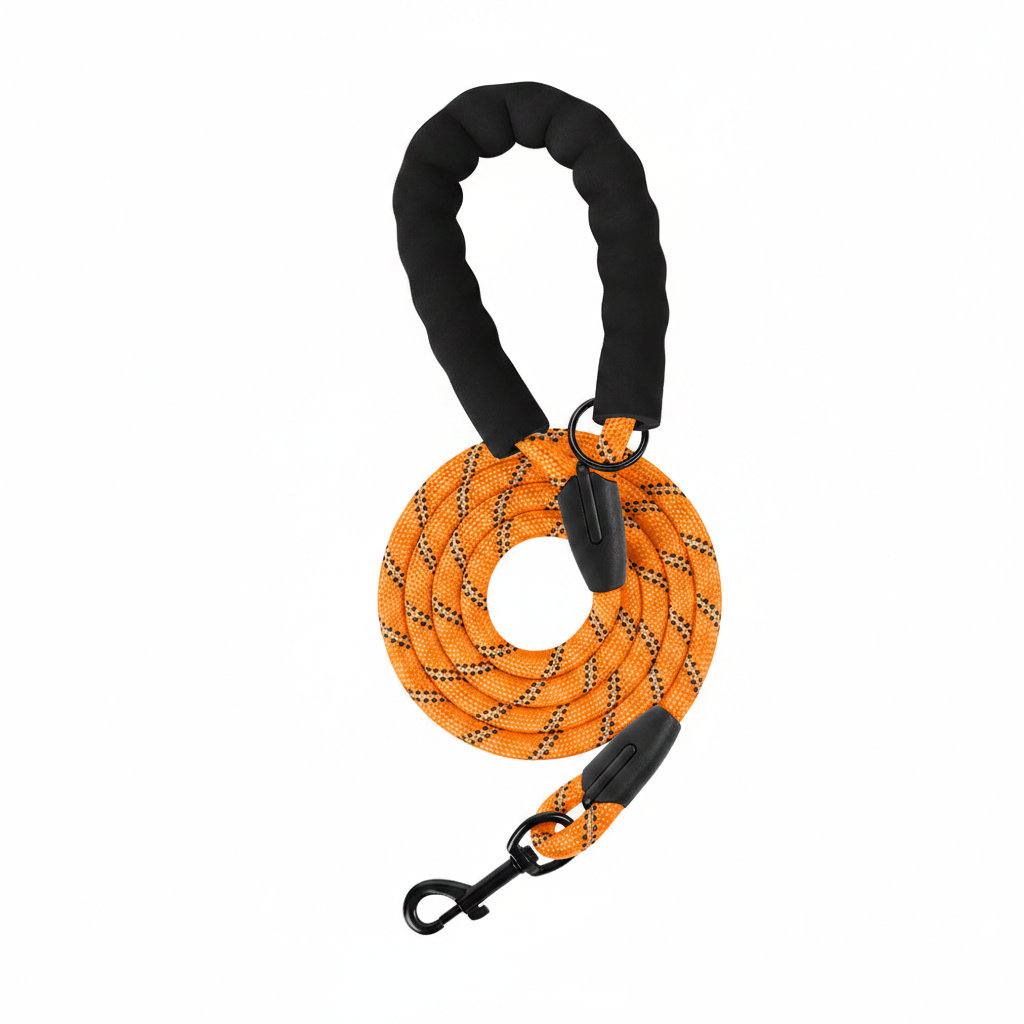 Dog leash for dogs, featuring orange reflective nylon rope and padded foam handle with snap hook, ideal for heavy-duty walks