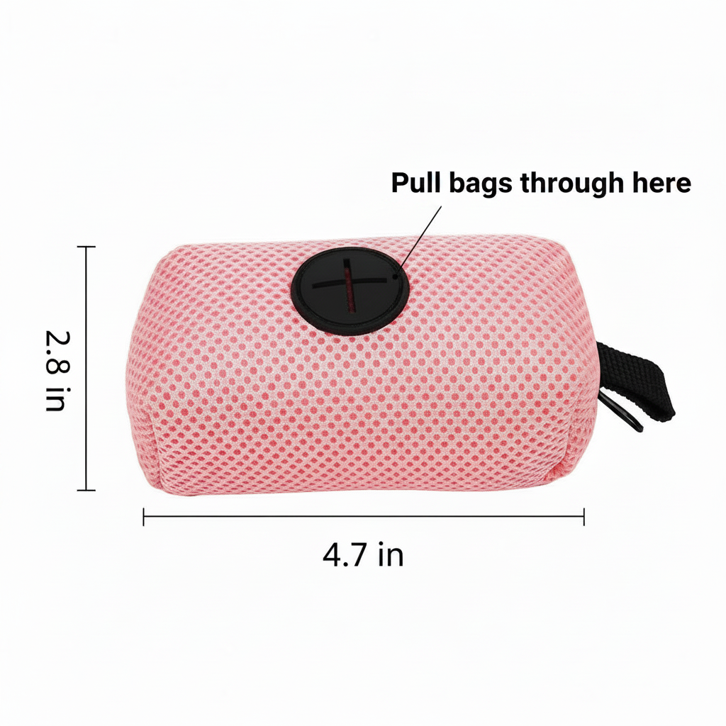 Dog leash accessory for dogs, featuring compact mesh poop bag  with easy pull-through slot, ideal for convenient waste bag storage during walks