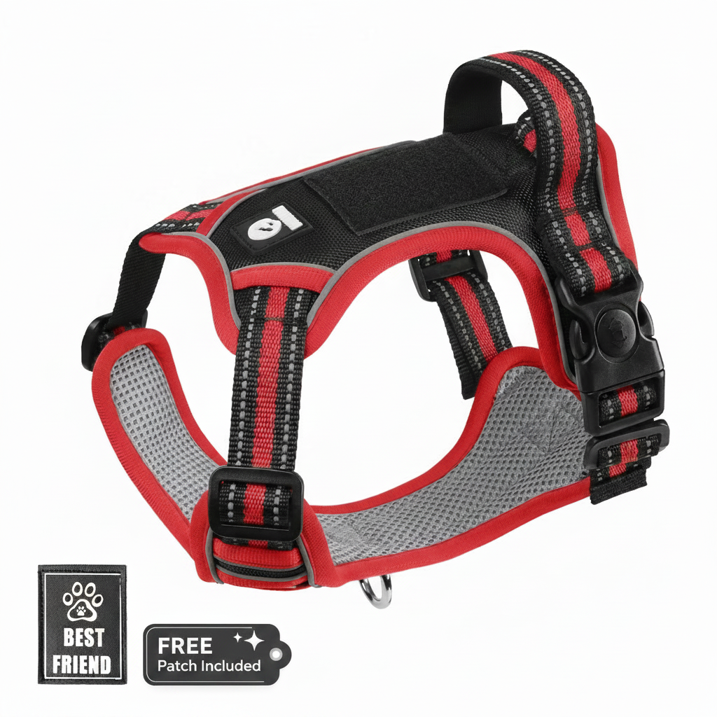 Tactical dog harness for dogs, featuring red and black reflective strips with MOLLE patch panel and free Best Friend patch, ideal for strong dogs and no-pull training
