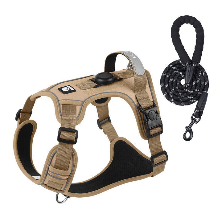 AirTag dog harness and leash combo set for large dogs, featuring escape-proof harness with built-in AirTag holder and reflective rope leash, ideal for strong dogs and AirTag tracking outdoor walks